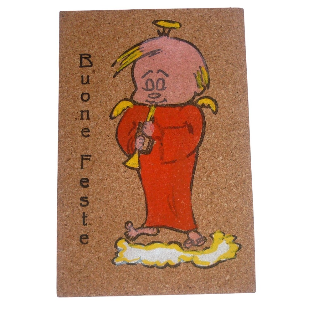 Vintage Renato Mattu Cagliari Cork Postcard Buone Feste Italian Angel Trumpet
